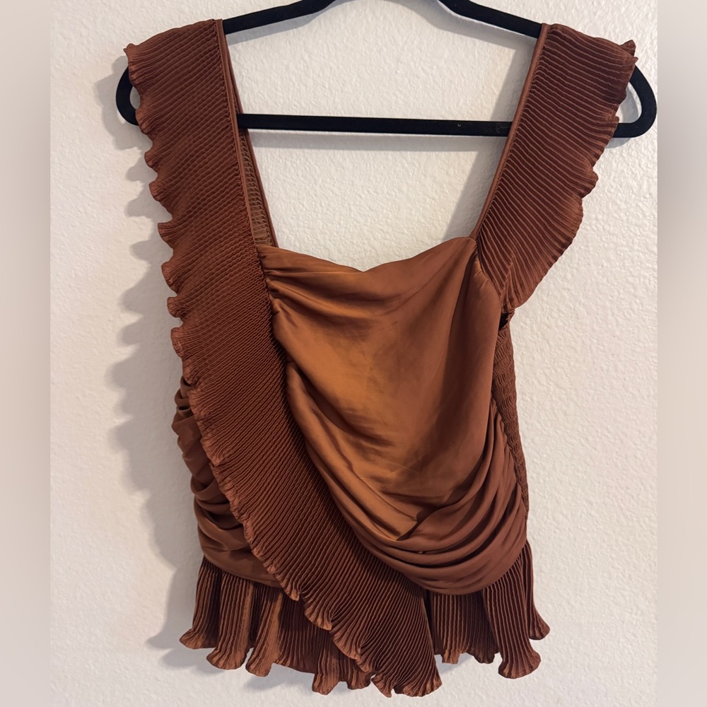 Ramy Brook Rust Brown Ruffled Draped Short Sleeve Top, Size Small